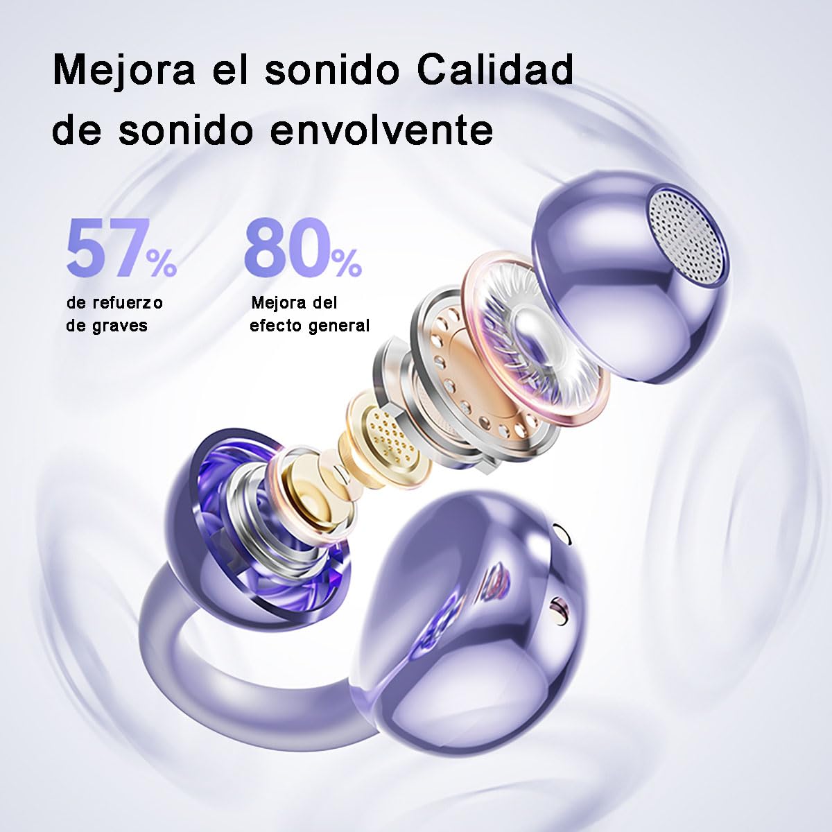 PTHTECHUS Audífonos Inalámbricos Bluetooth, Audífonos Deportivos 12mm Diafragmas con ENC, 30H Reproducción, IPX5, Compatibles con iPhone Android 5.4 Open-Ear, Llamadas nítidas (Púrpura)
