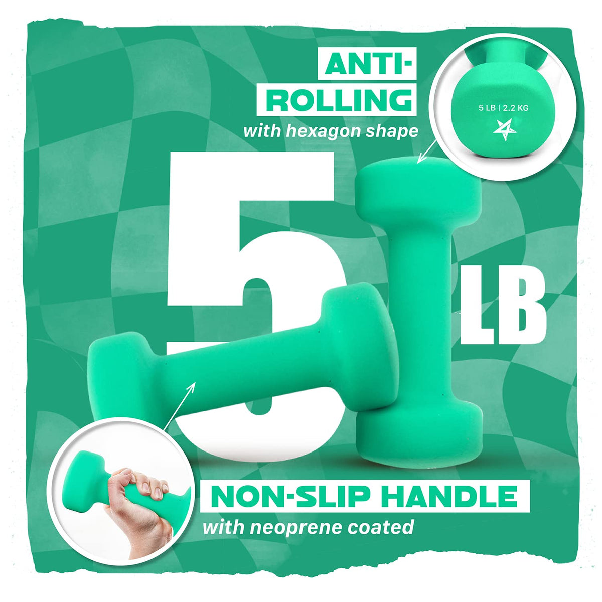 Yes4All Mancuernas de Pesas para Ejercicio en Casa - Set de 2 con Recubrimiento de Neopreno Antideslizante y Anti-Rodadura - Disponibles en 15 Colores y Varias Opciones de Peso (5lbs)