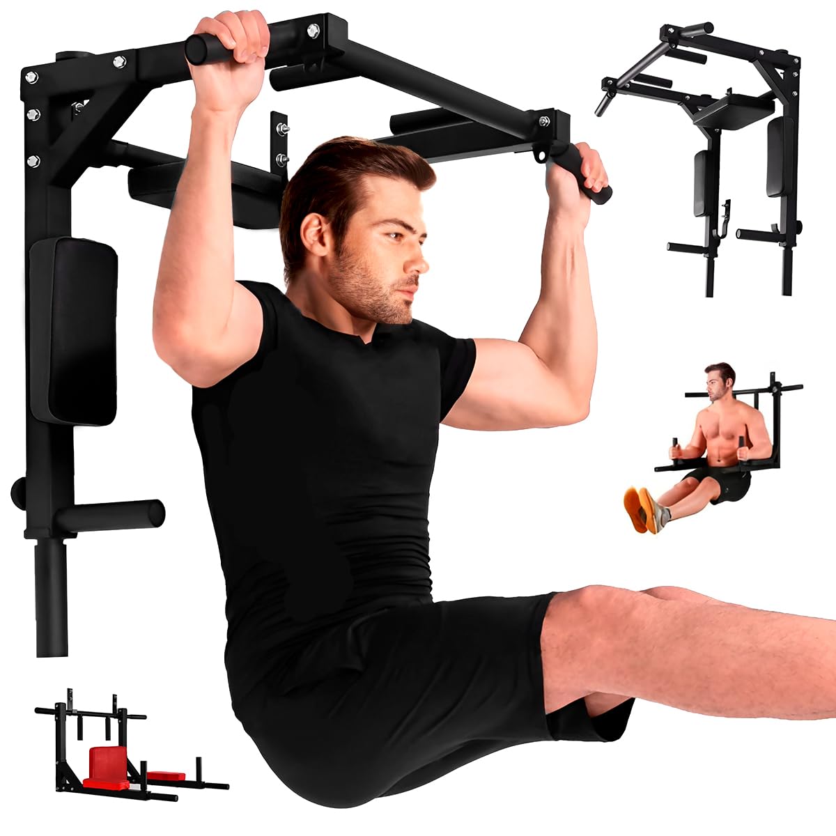 Raganet, Barra de Dominadas, Home Gym 8 Ejercicios En 1, Soporta 400kg, Gimnasio en Casa, Fortalece Espalda Brazos y Mas, para Pared y Piso, Uso Rudo Fácil Instalación (Negro)