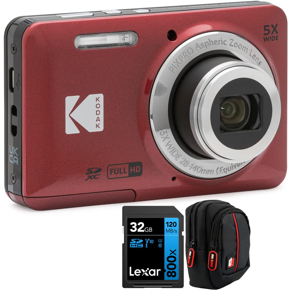 Cámara digital Kodak PIXPRO FZ55, paquete en rojo con tarjeta de memoria Lexar de 32 GB de alto rendimiento 800x UHS-I SDHC + estuche para cámara Deco Photo Point and Shoot Field Bag