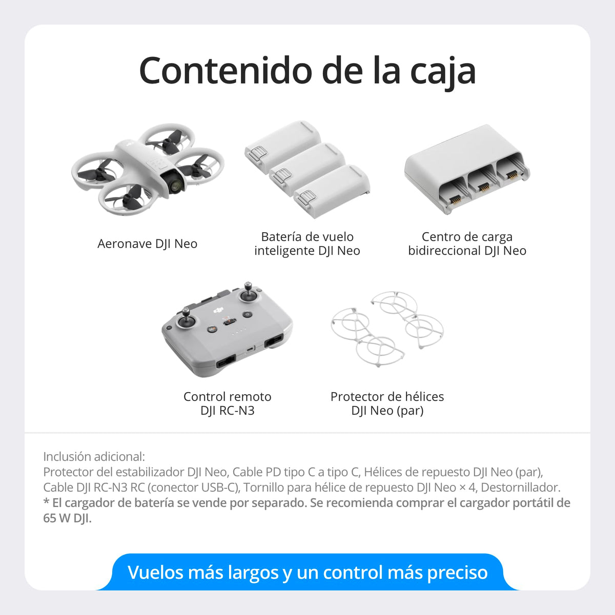 Pack DJI Neo Vuela Más, dron mini con cámara 4K UHD para adultos, 135 g dron que vuela siguiéndote, despega desde la mano, seguimiento de objetivos, QuickShots, vídeo estabilizado, con RC-N3 y 3 baterías