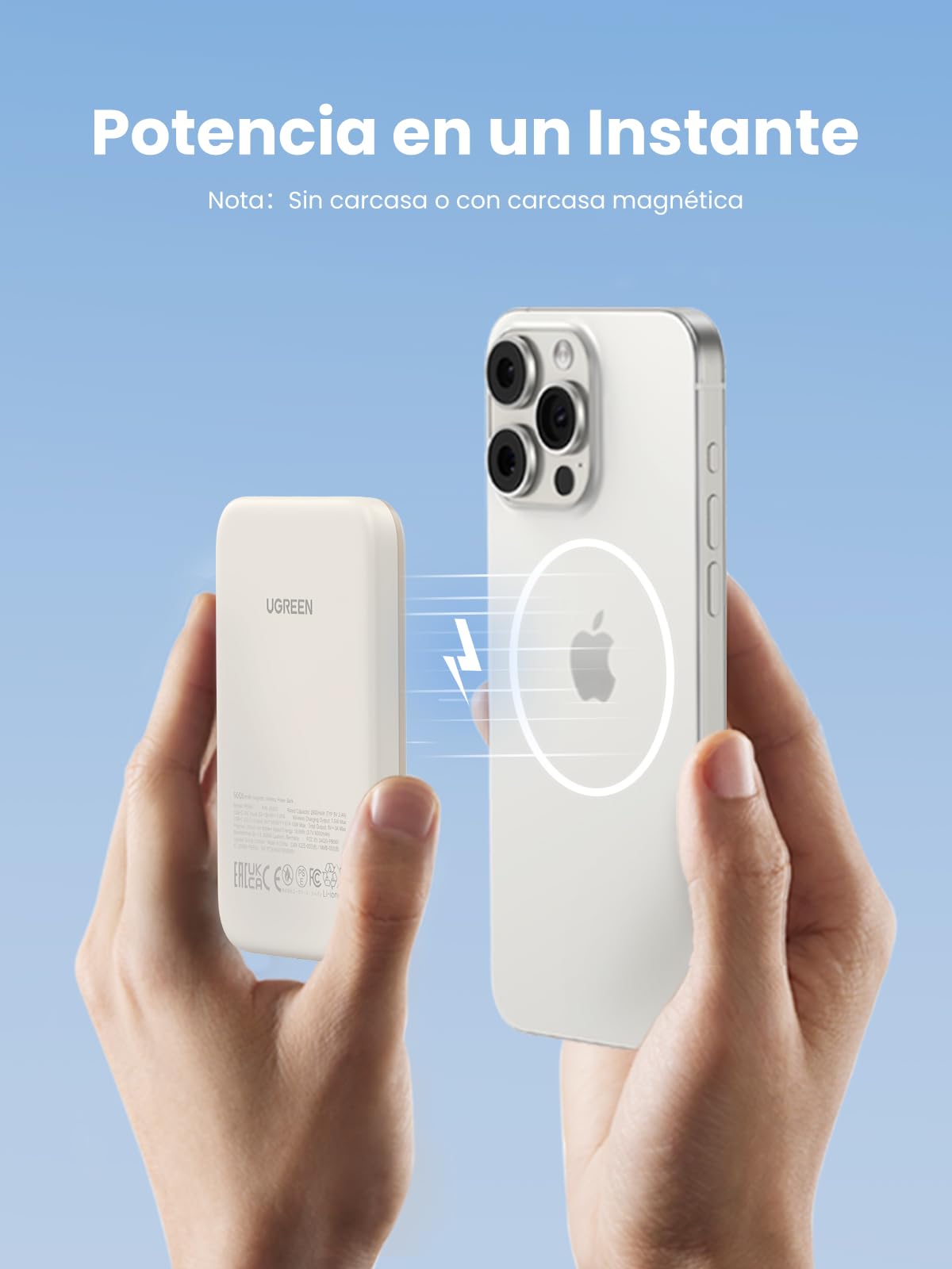 UGREEN 5000mAh Power Bank Inalabrico Bateria Portail 15W, USB C Cargador Magnaco Carga Raida, Powerbank Compatible con iPhone 16/15 Series, Galaxy, Xiaomi, iPad, Blanco