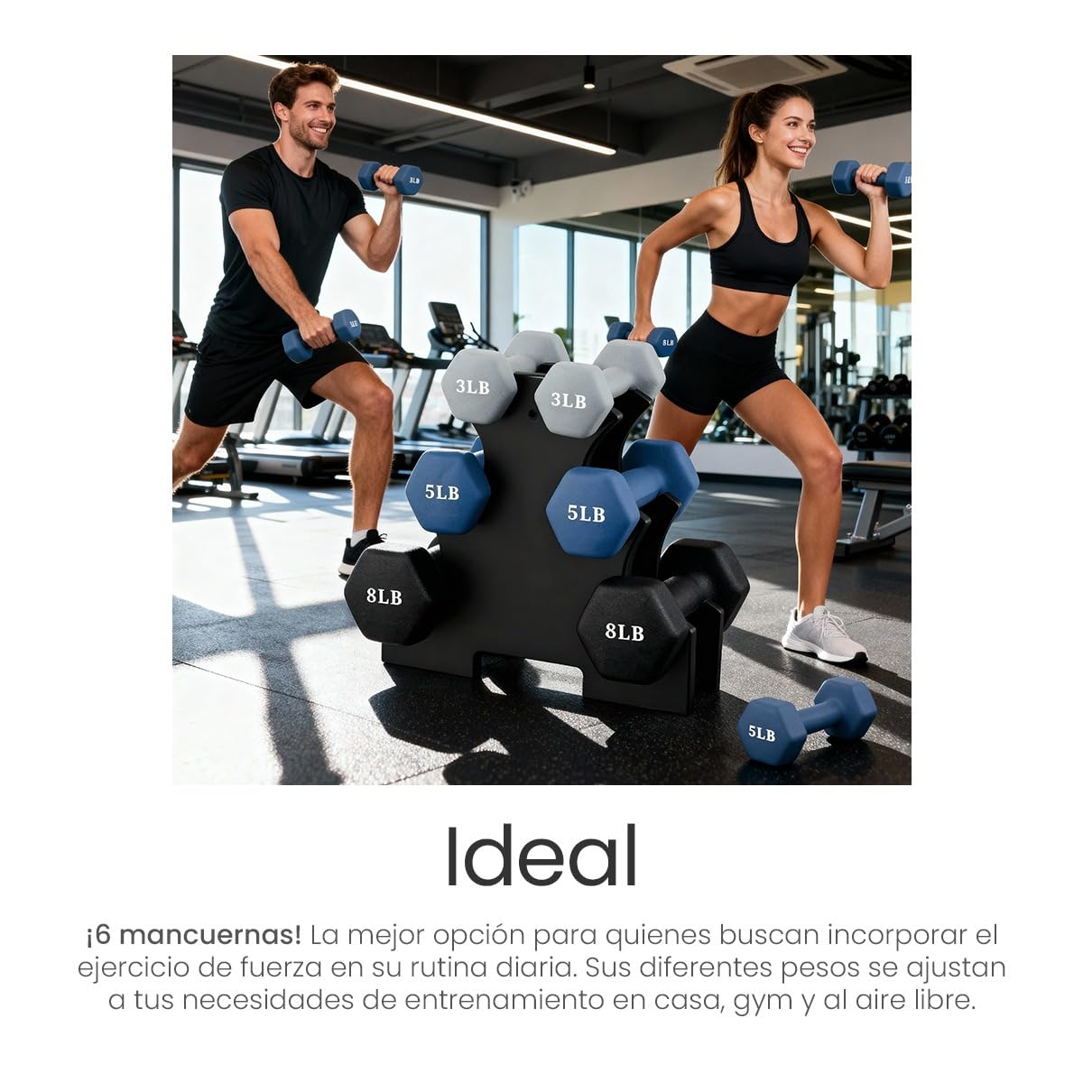 Raganet, Set de Mancuernas de 6 Piezas con Base, Pesos de 8, 5 y 3 Libras, Color Gris Elegante, Ideal para Entrenamiento en Casa y Gimnasio