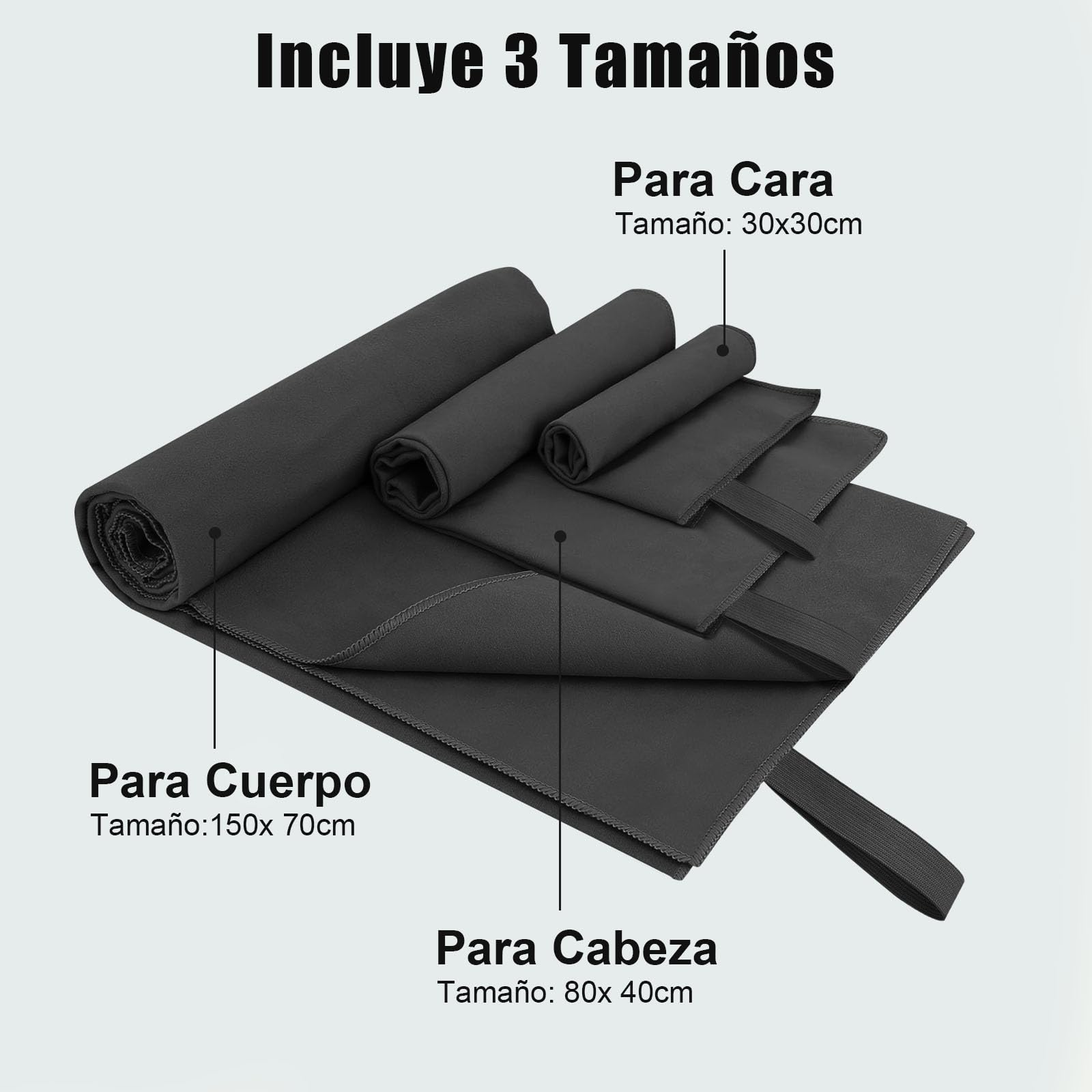 SAN KARA Toallas Deportivas de Microfibra (3 PCS) - Toallas Microfibra Secado Rápido, Ligeras para Viaje, Playa, Natación, Yoga y Gimnasio - Negro
