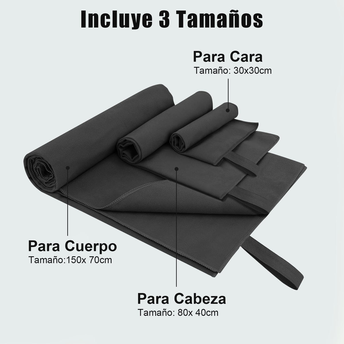 SAN KARA Toallas Deportivas de Microfibra (3 PCS) - Toallas Microfibra Secado Rápido, Ligeras para Viaje, Playa, Natación, Yoga y Gimnasio - Negro