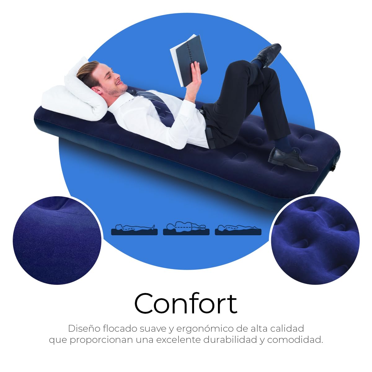 Raganet, Colchón Inflable Individual, Cama de Aire Cómoda, Resistente y Plegable, Colchón de Campismo con Cubierta Afelpada Suave, Medidas: 195cm X 75cm X 22cm