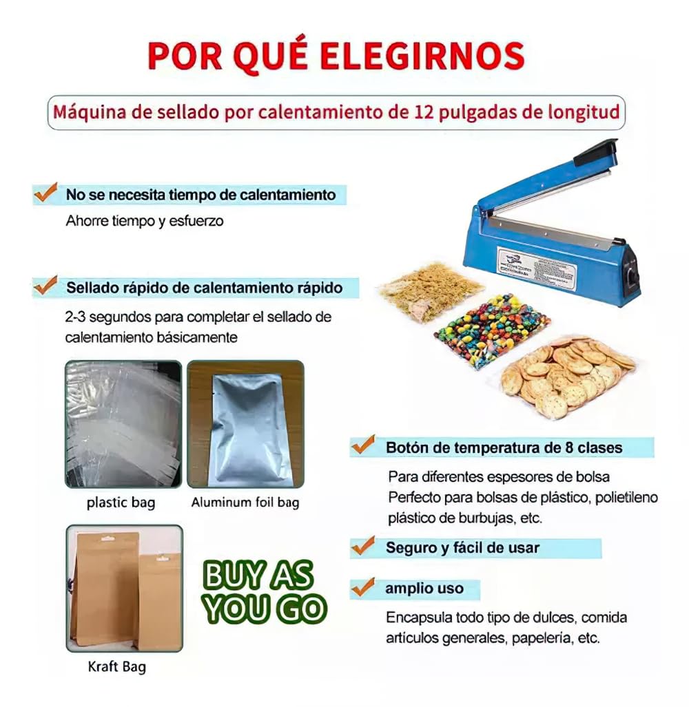 Sellador de Bolsas de Plástico, Máquina Selladora por Impulso Manual 12 Pulgadas, Quick Heat Sealer Maquina Sellador Térmico de Bolsas de PE y PP(30 CM)