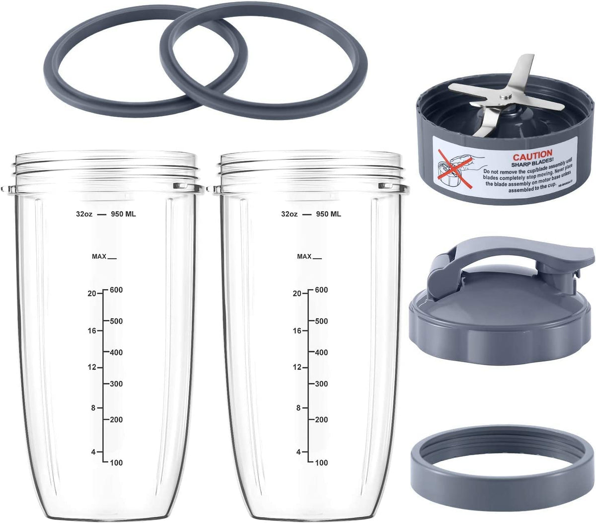 Juego de repuesto de vasos de licuadora y cuchilla, 7 piezas, 946 ml, 1 tapa abatible, 1 anillo de tapa y hoja extractora con 2 juntas de goma, compatible con licuadora NutriBullet de 600 W/900 W