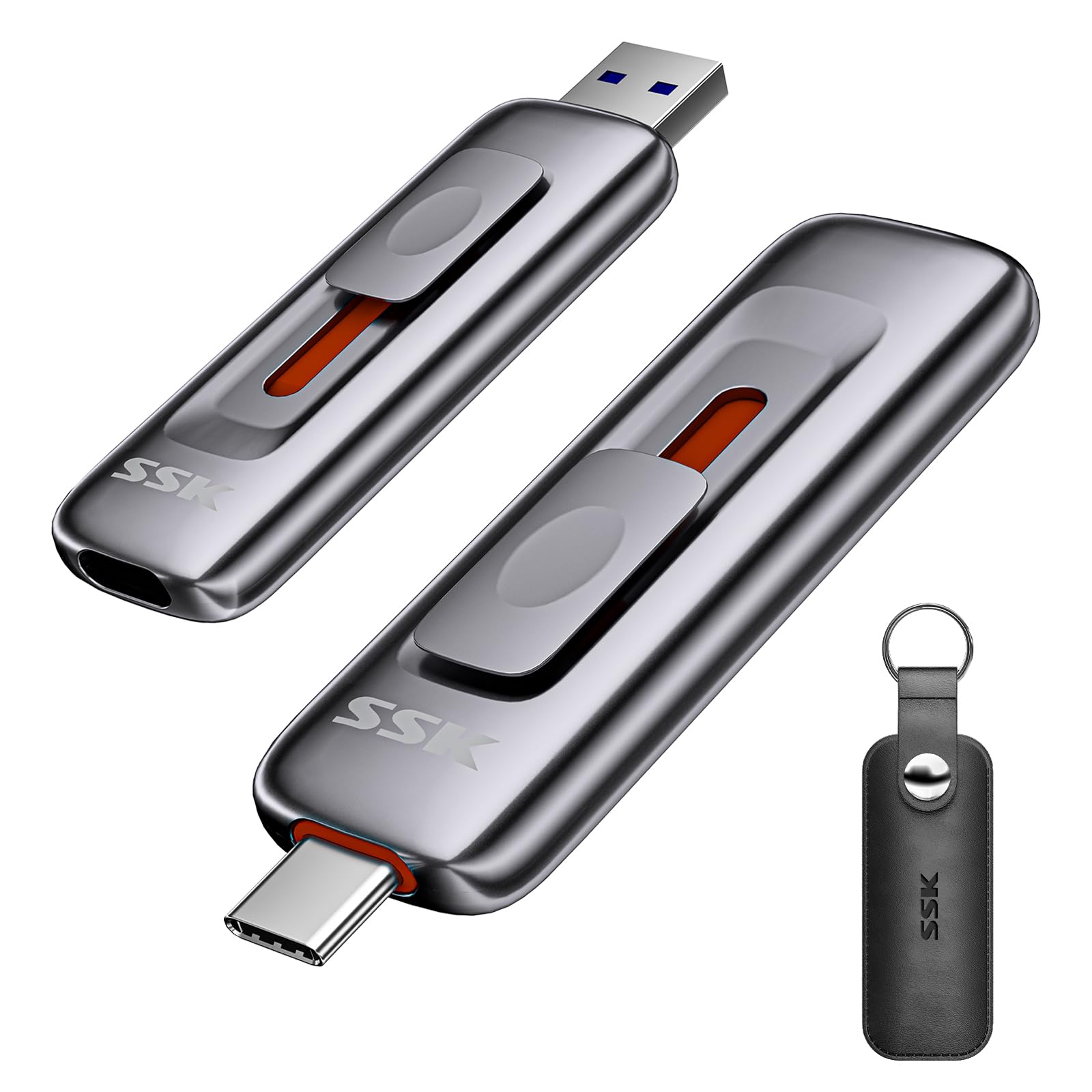 SSK Unidad flash SSD externa de 256 GB, unidad USB push-pull de hasta 1000 MB/s de doble cabeza, unidad de pulgar-USB SSD Memory Stick para iPhone 15/16/17, Android, Tablet, Win& Mac Aleación de zinc