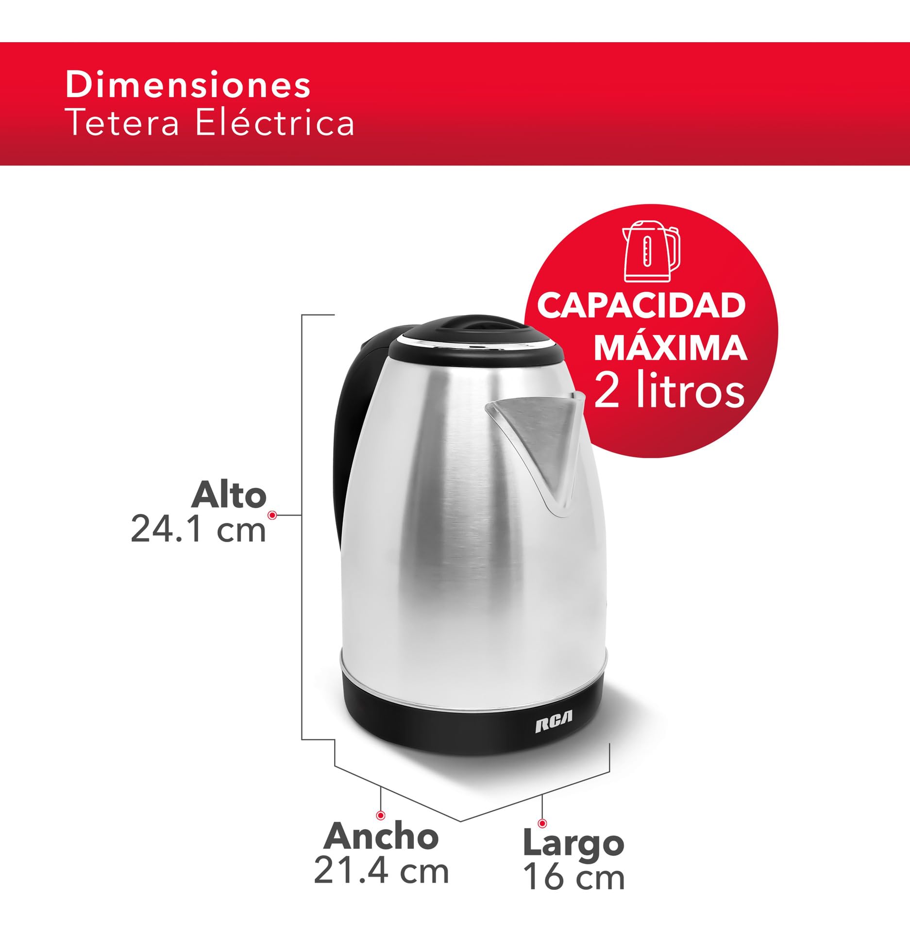RCA Tetera Eléctrica RC-180GB01 de Acero Inoxidable, Capacidad de 1.8 Litros, Luz LED, Base Giratoria, Apagado Automático y Protección Contra Ebullición, Ideal para Té y Café, Diseño Elegante.