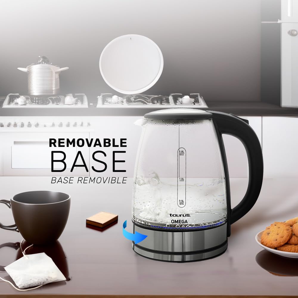 TAURUS OMEGA | Tetera eléctrica de cristal con luz led | Hervidor de agua eléctrico | Electrodomésticos | Jarra inalámbrica |1,8 litros | 65 onzas | Base Removible