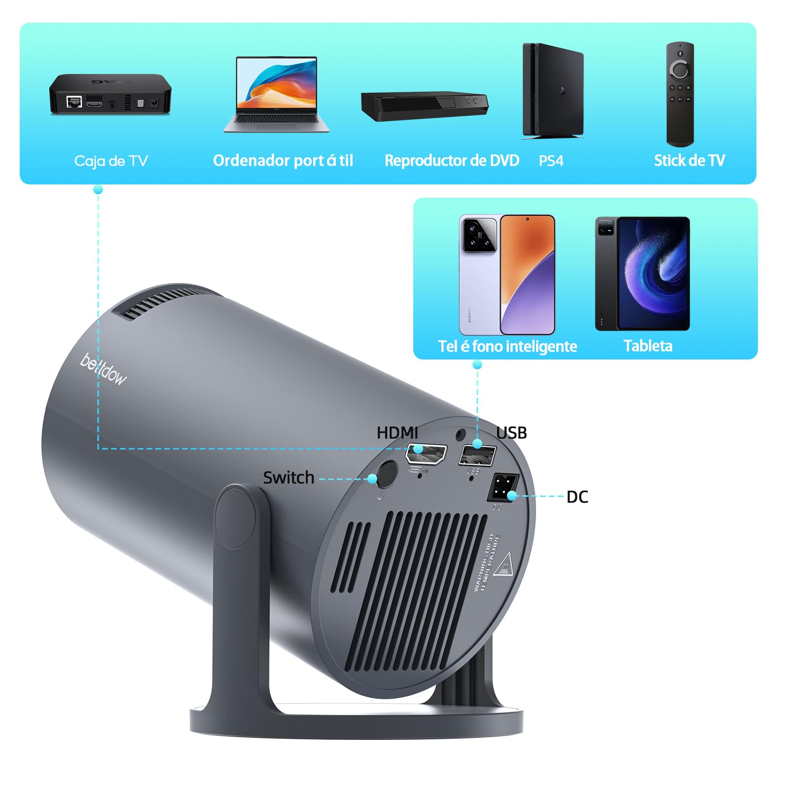 Bettdow Proyector Inteligente Android 11 Hy300 Pro Plus, 1080P 720P HD 8000lm Lúmenes WiFi 6 Bluetooth 5.4, Led 4K Proyección 25-110" Profesional, Corrección Automática, Gris AC1075