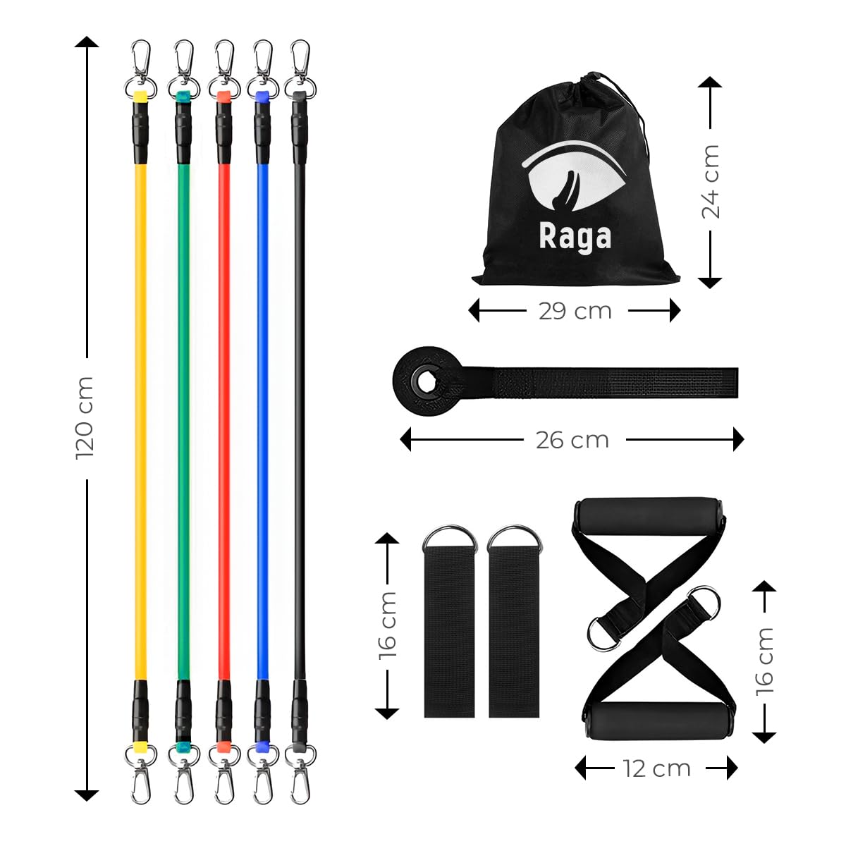 Raganet, Juego de Bandas de Resistencia de 11 Piezas, Incluye 5 Bandas Apilables para Ejercicios con Asas, Bolsa de Transporte, Correas para Tobillo y Accesorio de Anclaje para Puerta