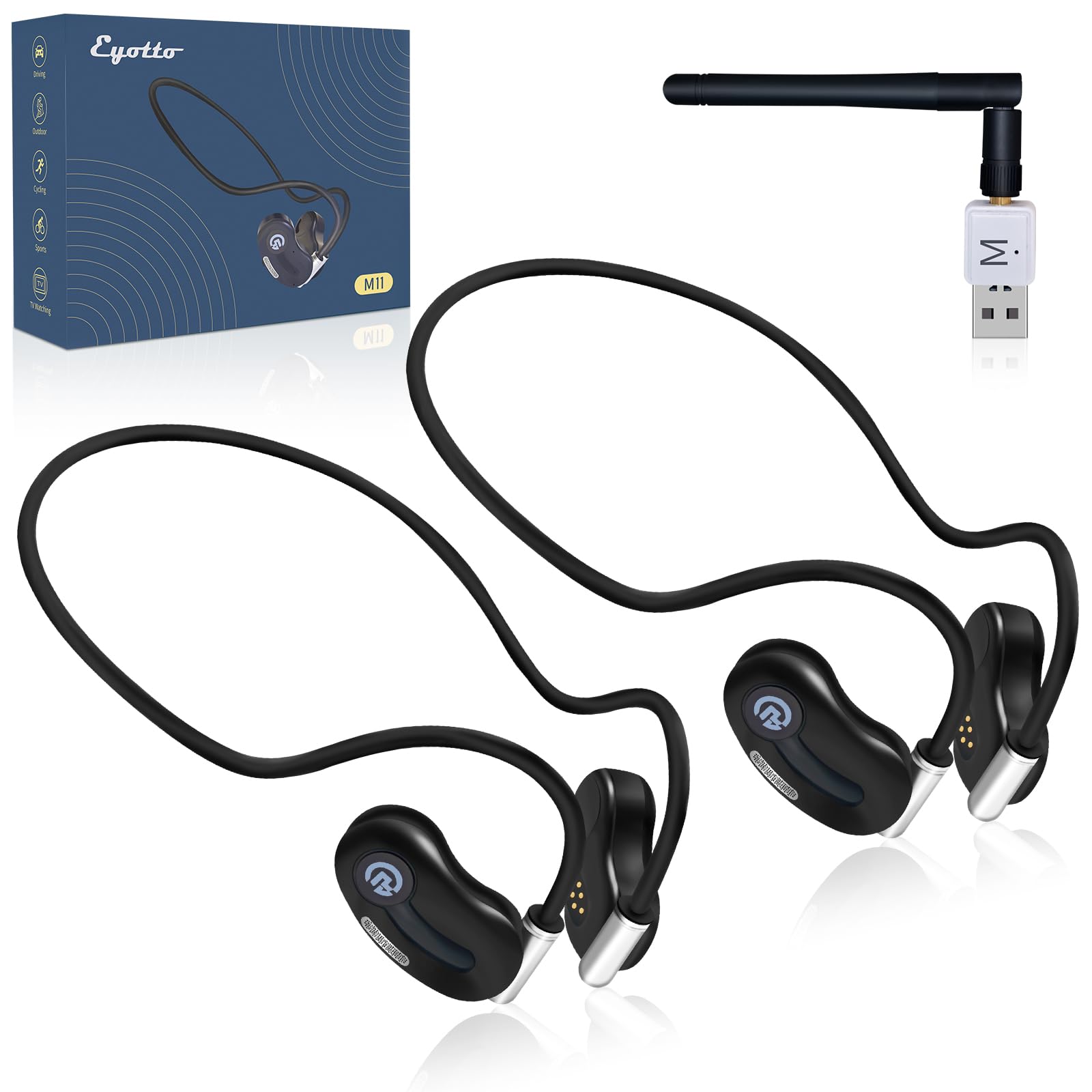 eYotto - Paquete de 2 auriculares inalámbricos para ver televisión, control de volumen personal, auriculares inalámbricos con transmisor USB para personas mayores y con problemas de audición, conexión