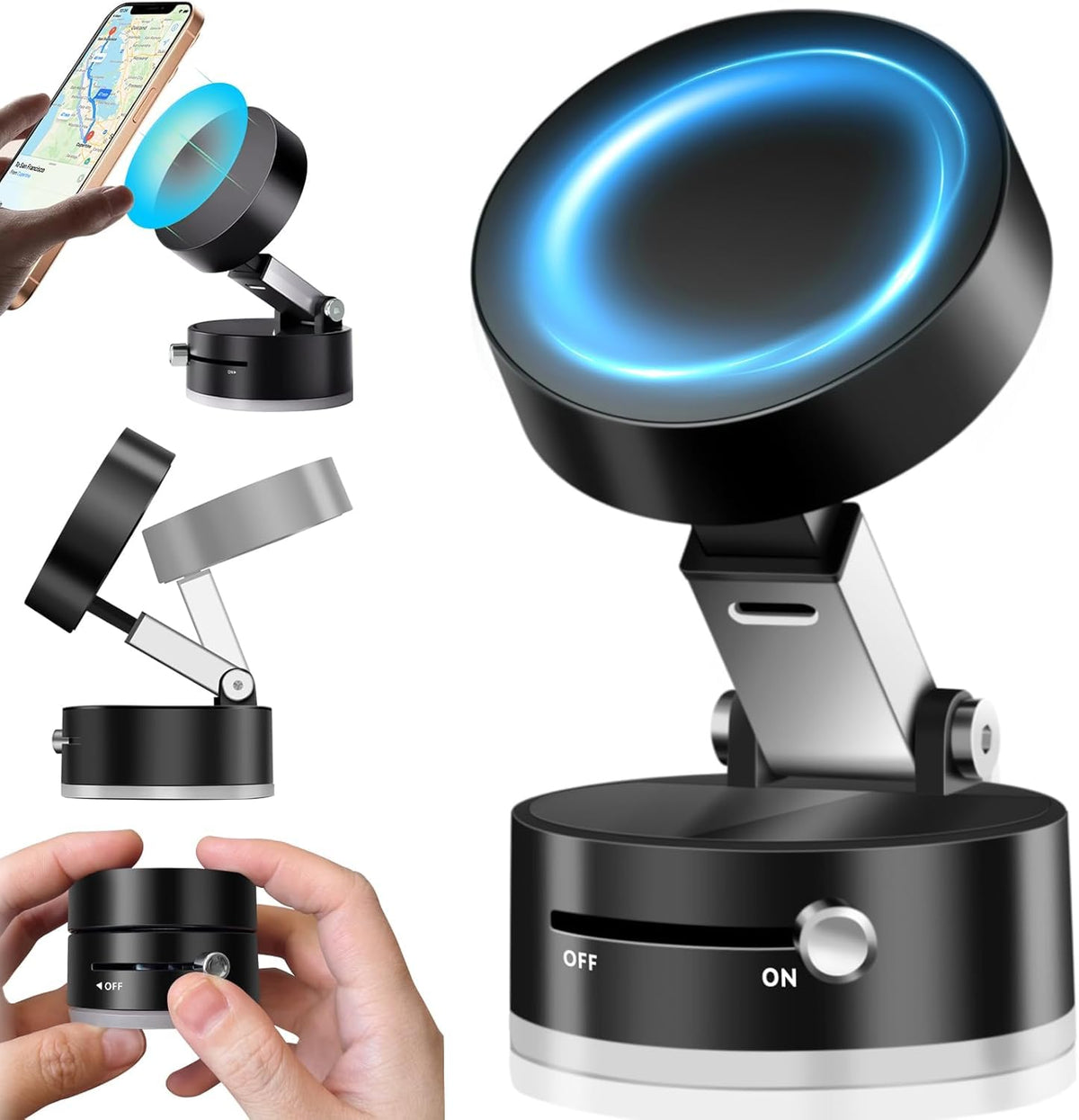 LONGLIV Soporte de Teléfono para Coche,Soporte de Teléfono Magnético al Vacío,Portátil Plegable,Retráctil y con Rotación de 360 Grados,Compatible con Todos los Teléfonos Móviles