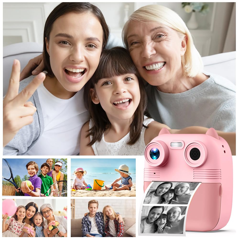 JESWO Cámaras Digitales Instantáneas, Camara Fotos Infantil Instantanea, Cámara para Niños con una batería de 2200 mAh, una Tarjeta SD de 32 GB y Tres Rollos de Papel térmico, es compacta y portátil