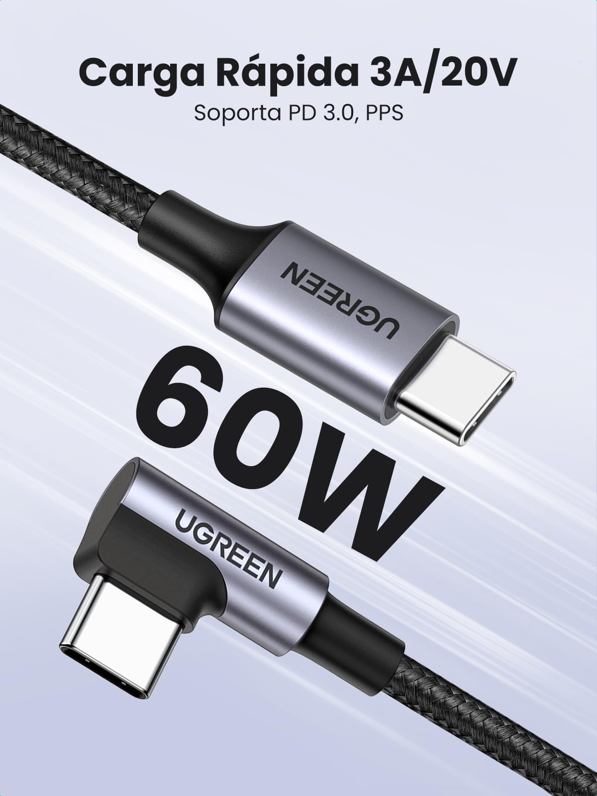 UGREEN Cable USB C a C 90 Grados, 2M 60W PD Carga Rápida 20V 3A Compatible con iPhone 16 15, Galaxy S25 S24 S23, Cargador USB Tipo C Nylon Trenzado, Macbook Pro, iPad Pro 2024, Air 7 6 5