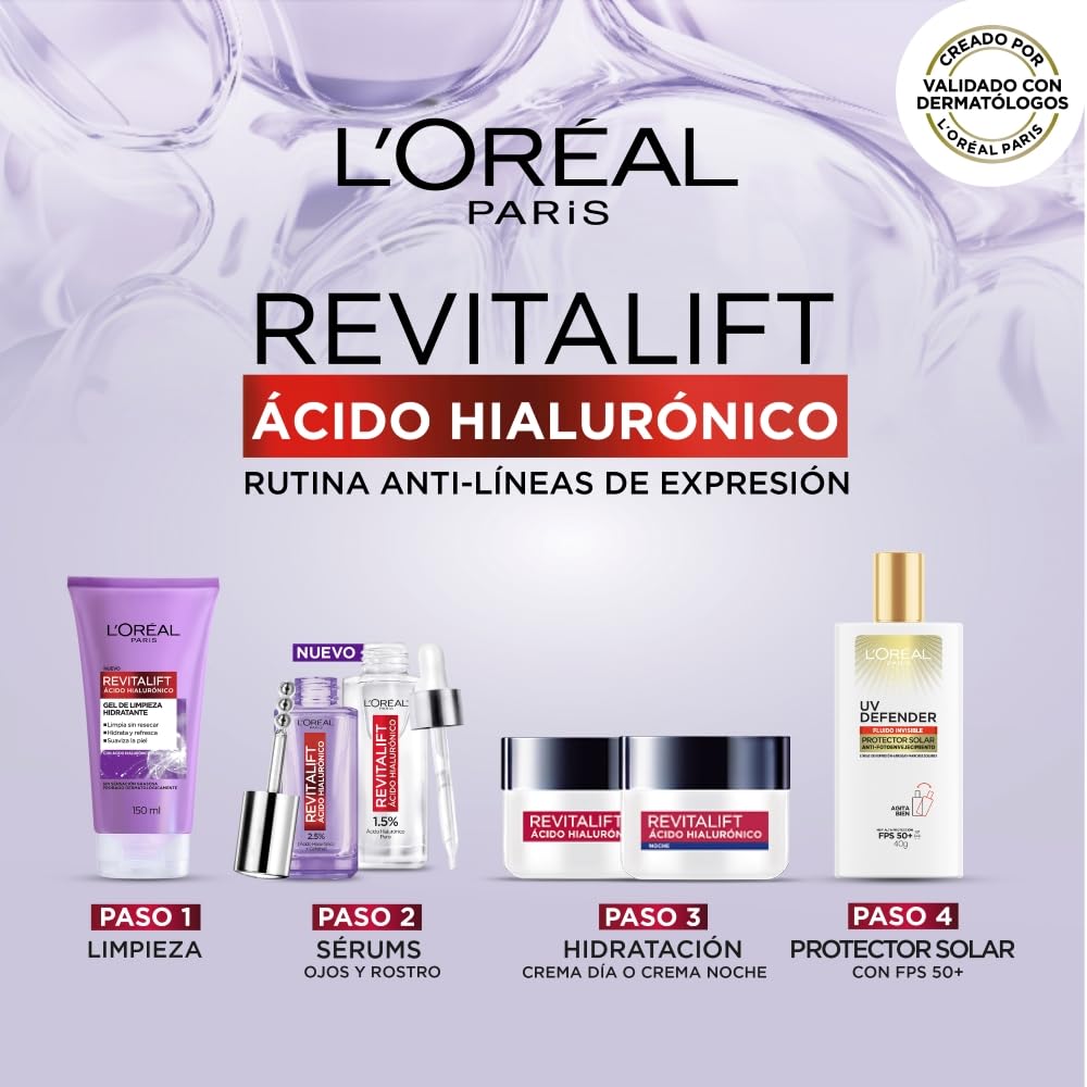 L'Oréal Paris Rutina facial hidratante Revitalift Ácido Hialurónico (2 piezas): Crema de día FPS20 50ml + Crema de noche 50ml. Hidrata y rellena líneas de expresión, para todo tipo de piel