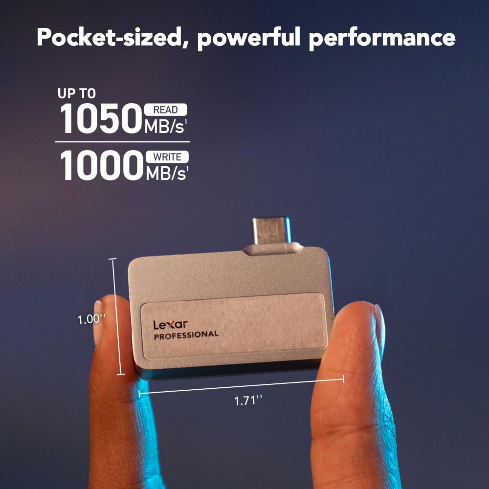 Lexar 2TB Professional Go SSD portátil, Compatible con Apple ProRes, hasta 1050 MB/s de Lectura y 1000 MB/s de Escritura, USB 3.2 Gen 2, Resistente, Compatible con iPhone 15 Series, Smartphones, PC y