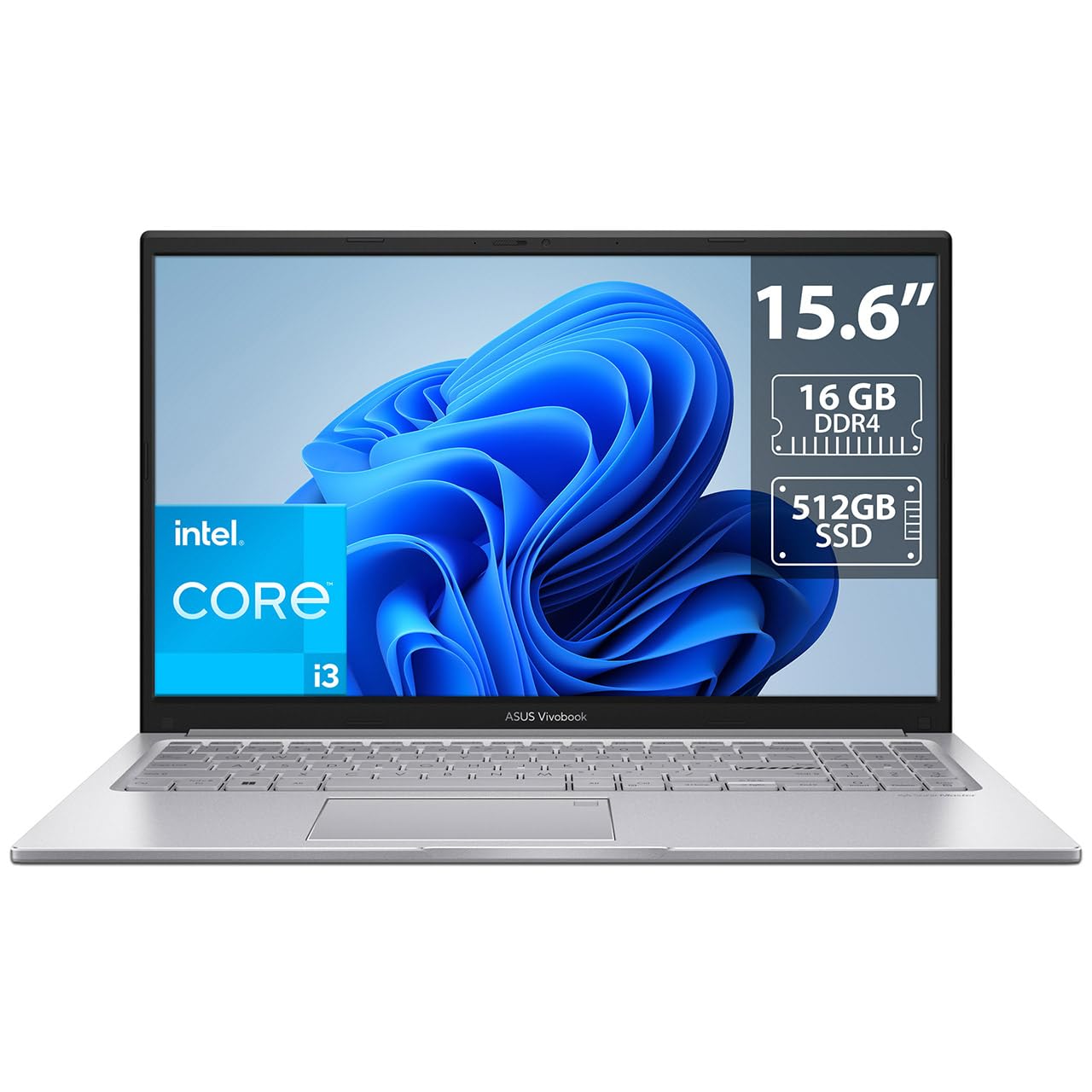 ASUS Laptop VivoBook: Intel Core i3 1215U, Memoria de 16GB DDR4, SSD 512GB, Pantalla 15.6" Full HD, Video UHD Graphics, S.O. Windows 11 Home.