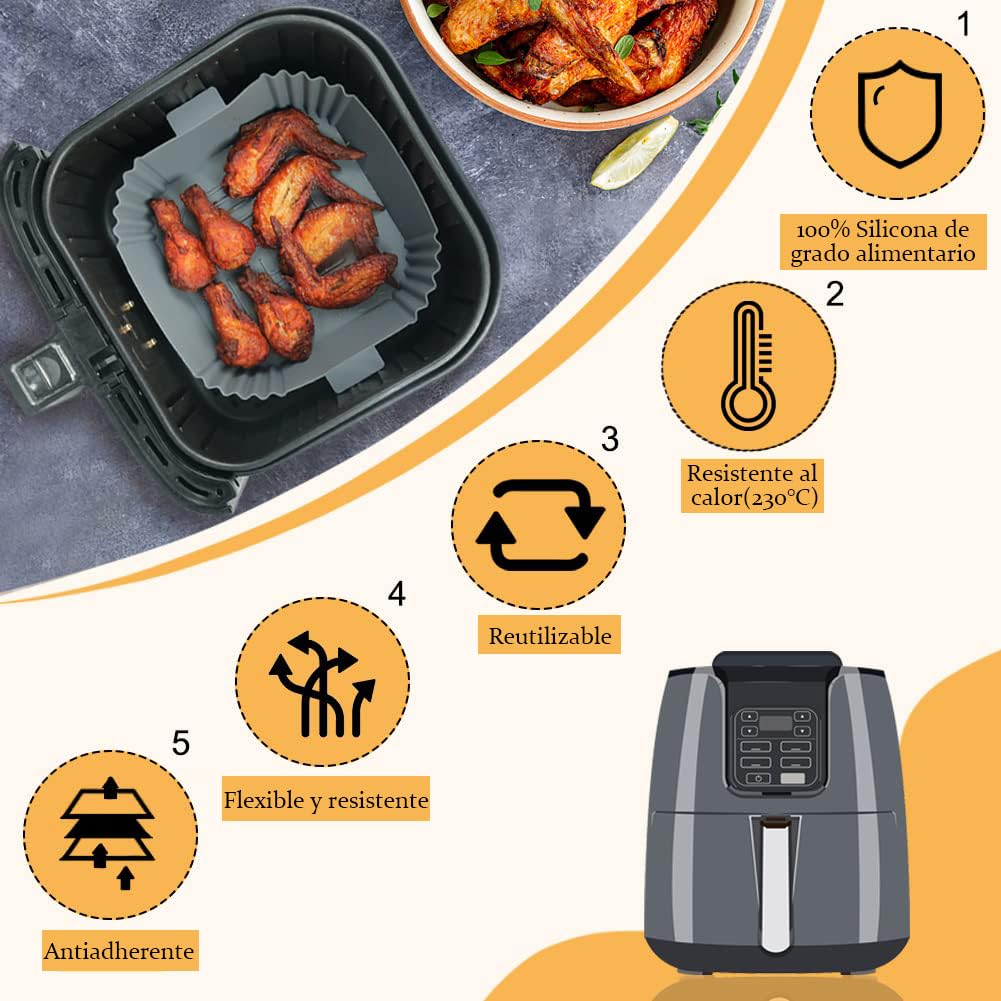 Ausein Paquete de 2 de Silicona para Freidora de Aire, Accesorios Silicon para Air Fryer Reutilizable Antiadherente, Resistente al Calor, Olla Silicona para Freidora, Horno, Microondas (Gris)