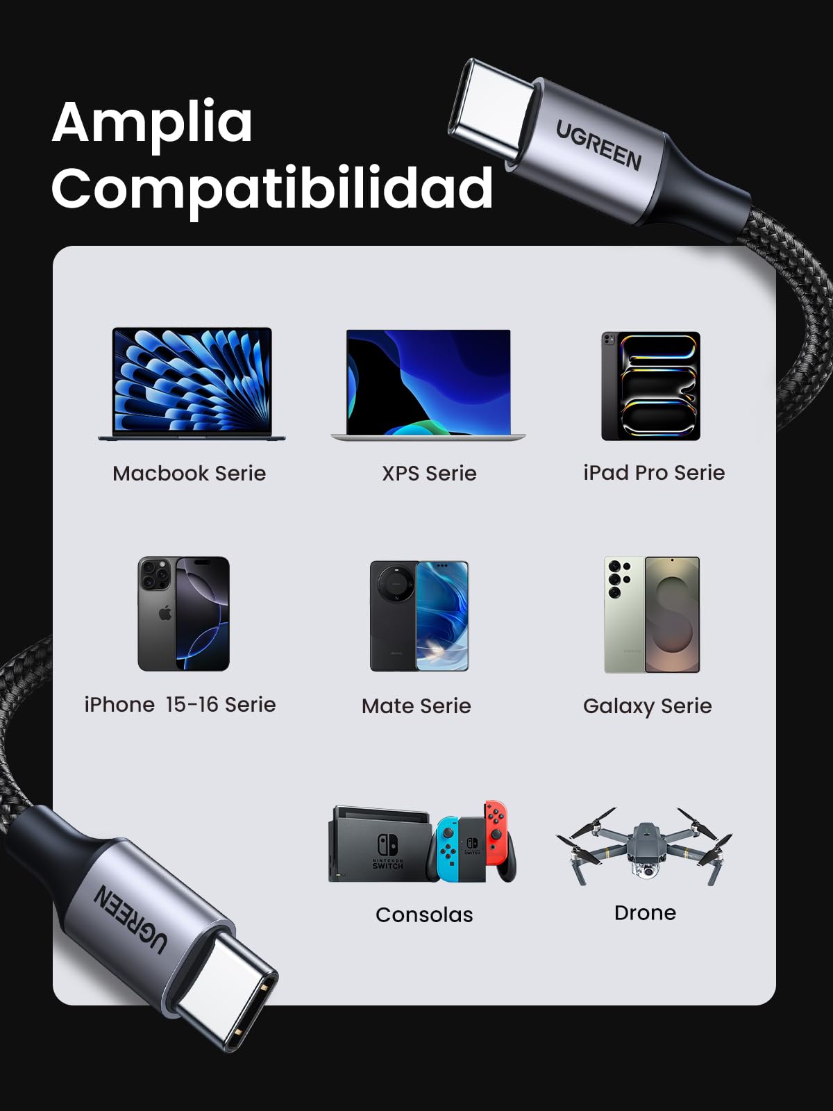 UGREEN Cable USB C a USB C 2M, 60W PD Carga Rápida 20V 3A, Cargador USB Tipo C Compatible con iPhone 16 15 Pro Max, Galaxy S25 S24 S23 S22, Macbook Pro 2024 2023, Air, iPad Pro 2024, Pixel 9 8 7