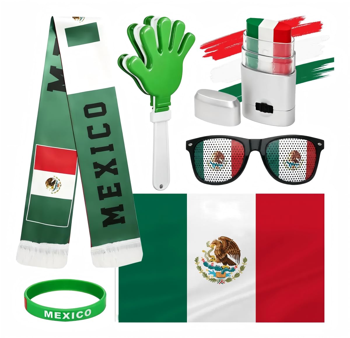 Cyxenova Kit de Animador México 6 en 1 - Incluye Bandera (95 * 64 cm), Bufanda, Matraca Ruidosa, Pintura Facial, Lentes y Pulsera - Accesorios de Fútbol para Celebración 2026 - Orgullo Mexicano