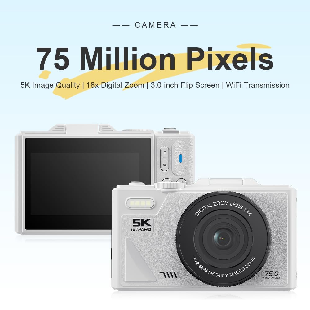 XUMIUZIY Cámara Digital 5K con Zoom Óptico 18X, Cámara Digital Vintage 75MP con Enfoque Automático, Cámara 5k con Pantalla abatible, Vídeo 5K y Detección de Sonrisa (Black) (White)