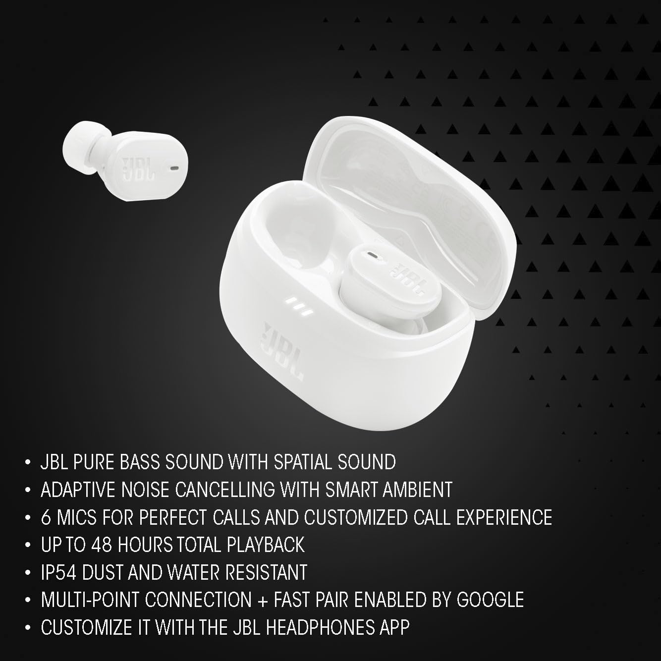 JBL Tune Buds 2 Audífonos Inalámbricos ANC Bluetooth, Drivers 10mm, Reproducción 48 Horas, Resistentes al Agua y al Polvo IP54 - Negro