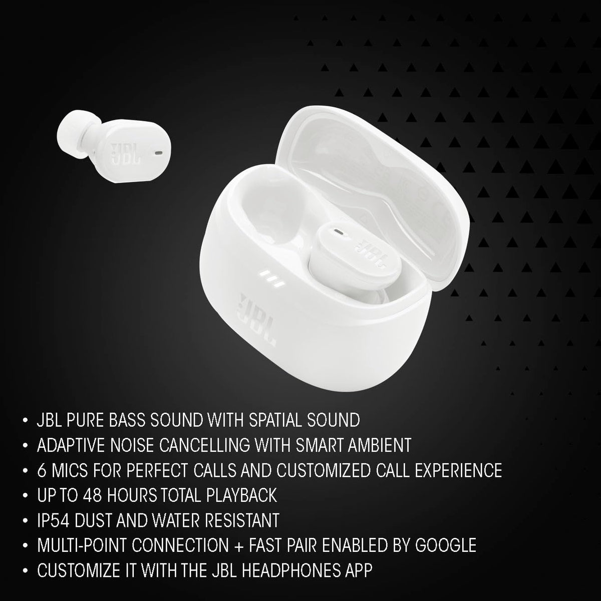 JBL Tune Buds 2 Audífonos Inalámbricos ANC Bluetooth, Drivers 10mm, Reproducción 48 Horas, Resistentes al Agua y al Polvo IP54 - Negro