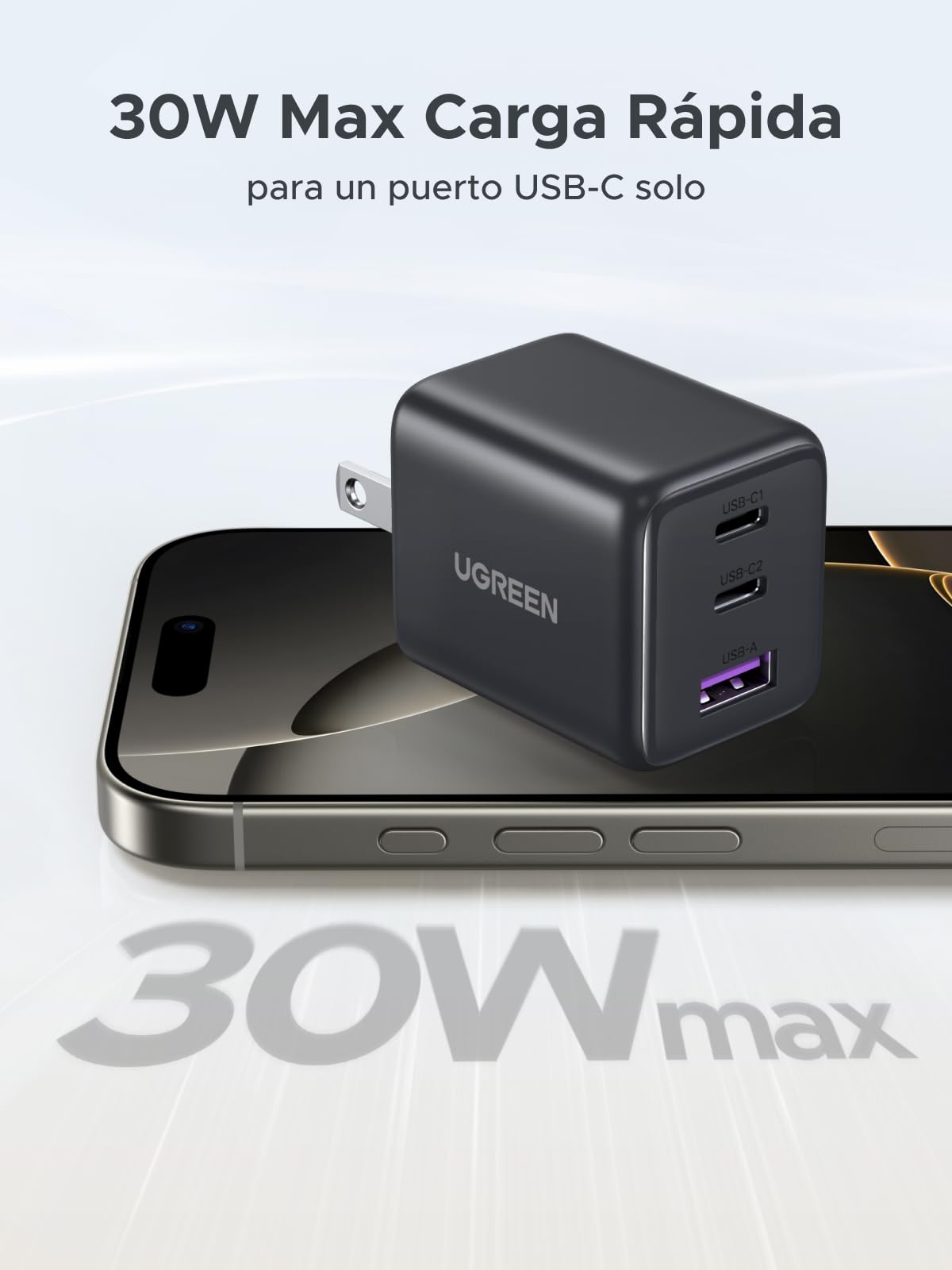 UGREEN 30W GAN Cargador Tipo USB C con 3 Puertos, Cubo de Carga Rápido Pared para Celular, 2C1A Compatible con Galaxy S25/S24, iPhone 16 15 14 Pro MAX, Macbook Air, iPad Pro, Negro
