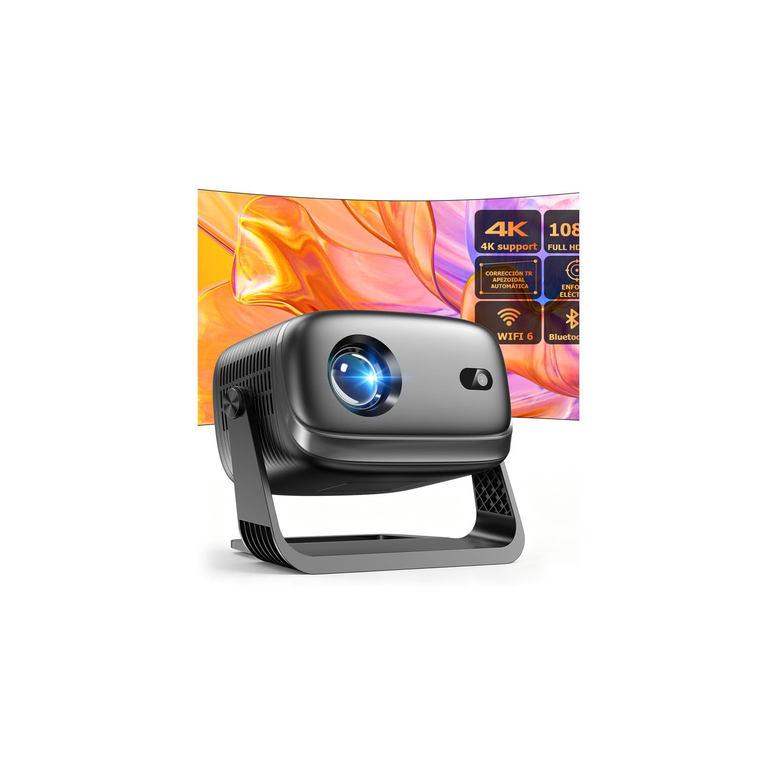 Proyector 4k, Mini Proyector Portatil con Android, 20000L 1080P Proyectores Inteligente con Enfoque Automático, WiFi 6 y BT 5.4, Pantalla de 200", Giro de 270°, Compatible con HDMI/iOS/Laptop/PC/PS