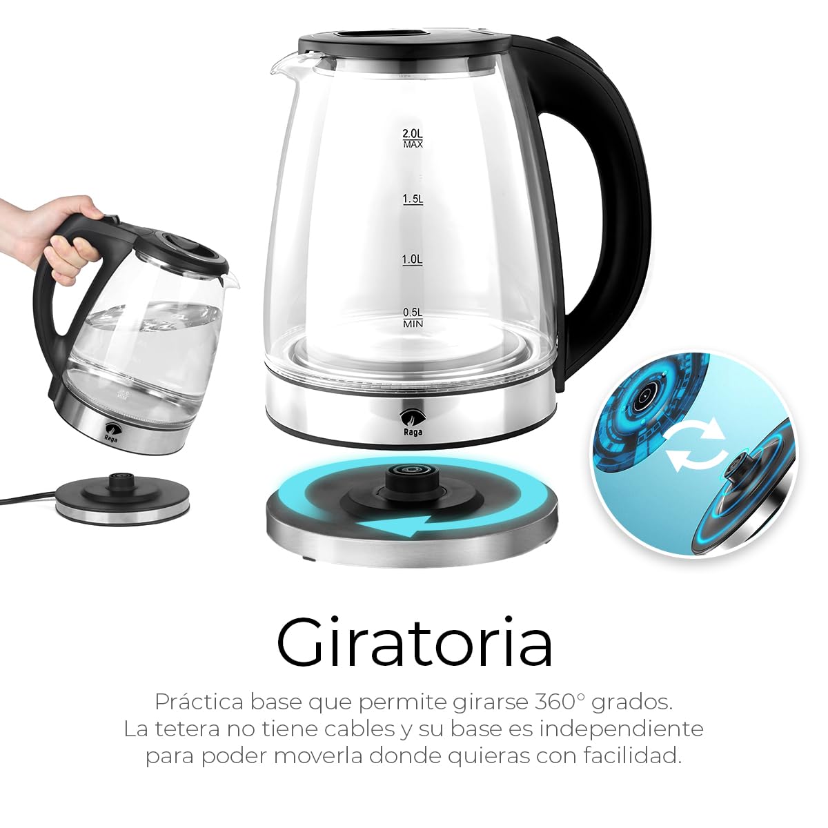 Raganet, Tetera Eléctrica de Vidrio, Capacidad de 2L, Indicador de Encendido de Luz LED, Apagado Automático y Protección Contra Hervir Seco, Transparente, Manija/Agarradera Antiquemaduras