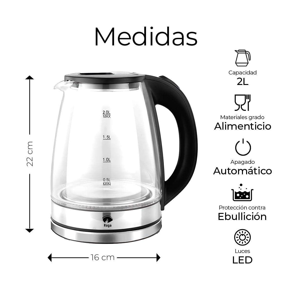 Raganet, Tetera Eléctrica de Vidrio, Capacidad de 2L, Indicador de Encendido de Luz LED, Apagado Automático y Protección Contra Hervir Seco, Transparente, Manija/Agarradera Antiquemaduras