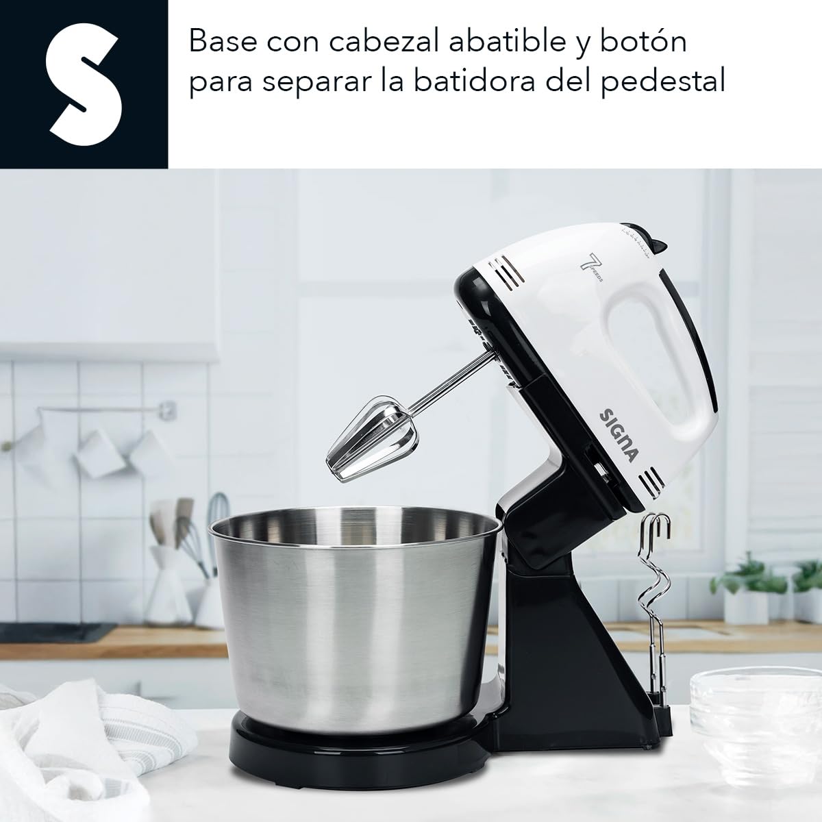 SIGNA Batidora Eléctrica De Pedestal Y Mano 2 En 1 Para Cocina Potente 120w con 7 Velocidades Ajustables Tazón de 2.5L de Acero Inoxidable Accesorios Para Amasar Batir y Mezclar (Blanco)
