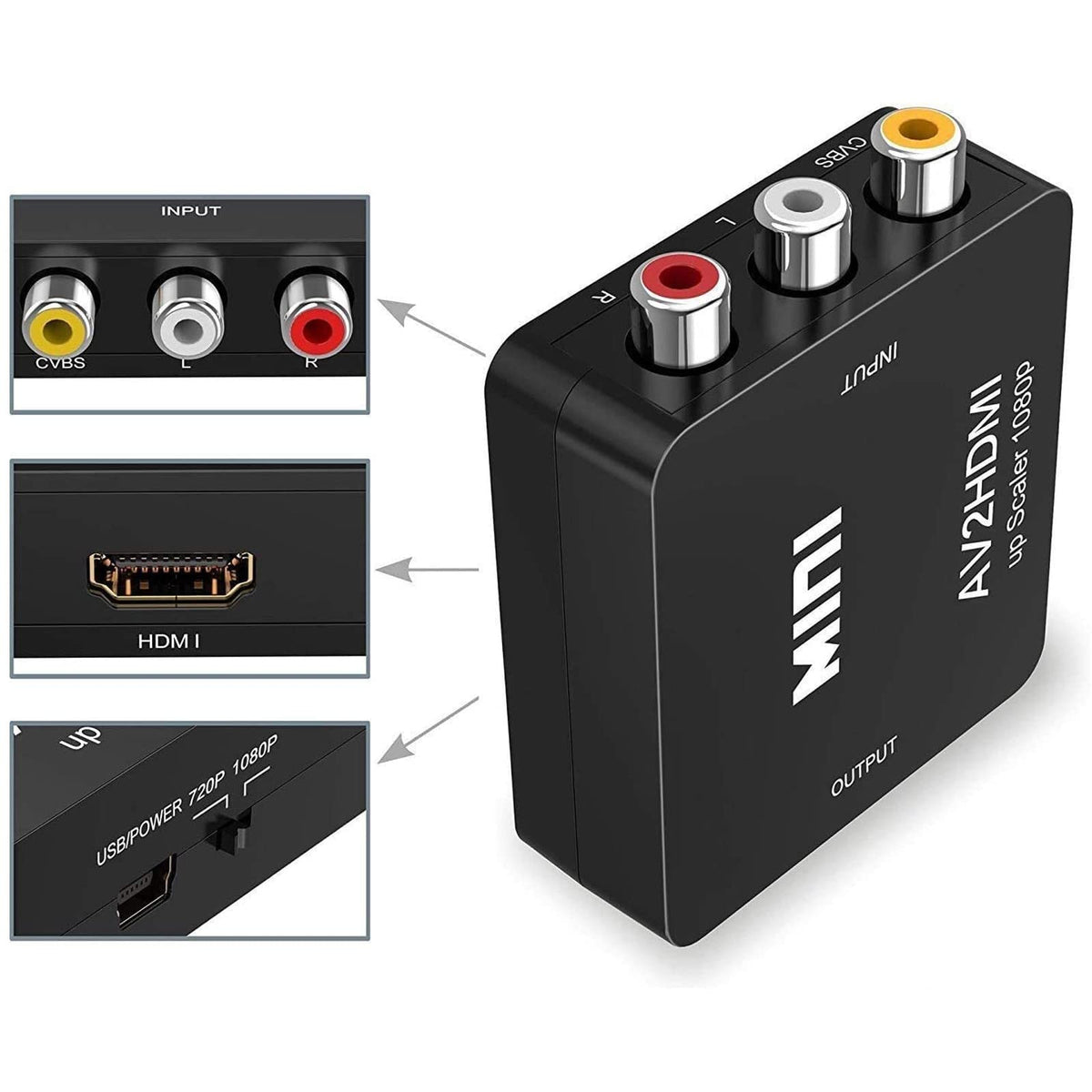 Qzgyoool - Adaptador RCA a HDMI, Convertidor RCA a HDMI, 720p/1080p RCA Compuesto CVBS AV a HDMI con Cable de Alimentación USB Convertidor de Señal de Xbox PS4, PS3,STB VHS VCR Cámara DVD a HDMI TV