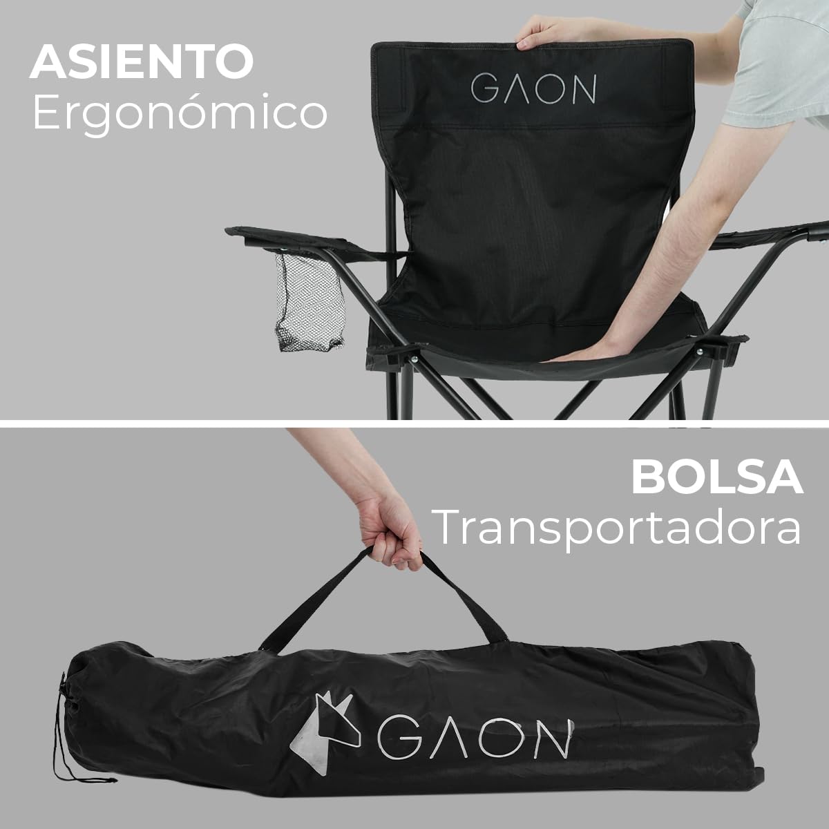 GAON. Sillas Plegables para Camping Playa o Pesca de Lona Impermeable con Reposabrazos Portavasos y Funda - Sillas Ultraligeras para Exteriores y Actividades al Aire Libre Set 4 Piezas Negro