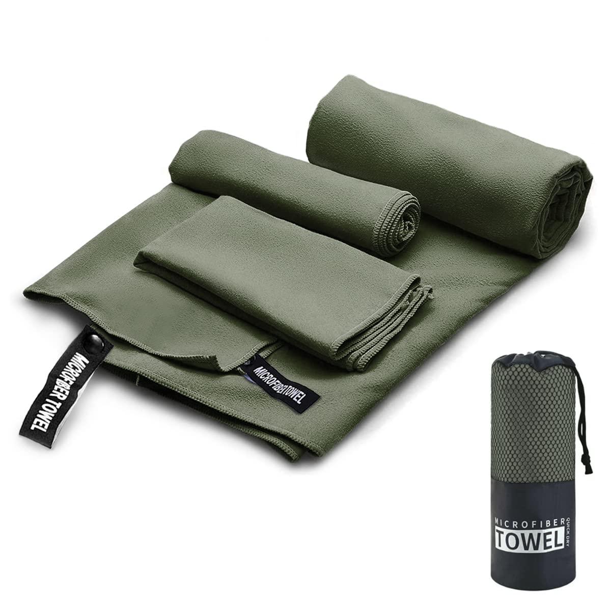 Toalla Deportiva, EASYTAO Toalla Microfibra 3PCS, Toalla Gym Suave y Ligero para Natacion, Deporte, Baño, Viajes, Yoga, Etc, con Una Bolsa, 3 Tallas (76 * 152cm+40 * 80cm+30 * 30cm, Verde Militar)