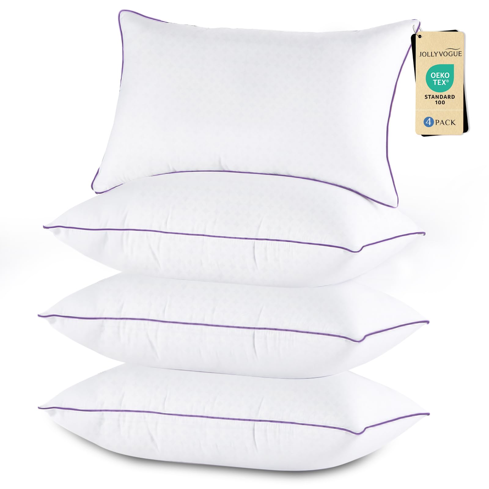 JOLLYVOGUE Almohadas de Cama Tamaño Estándar/Completo Juego de 4, Lavables y Firmes con Relleno Alternativo Extra Suave, Calidad Hotelera Lujosa y Esponjosa para Todo Tipo de Durmientes