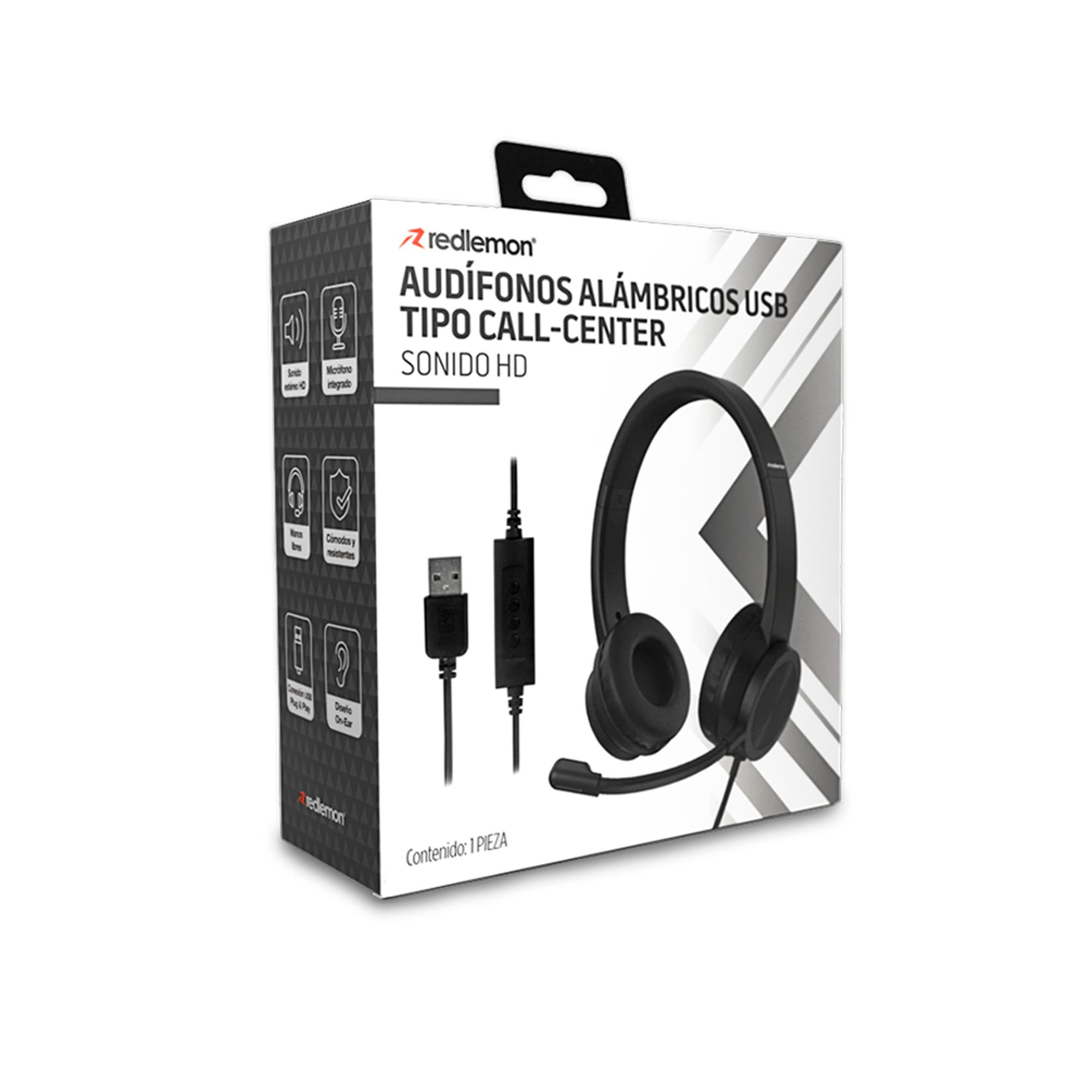 Redlemon Audífonos Alámbricos de Diadema USB con Micrófono Tipo Call Center