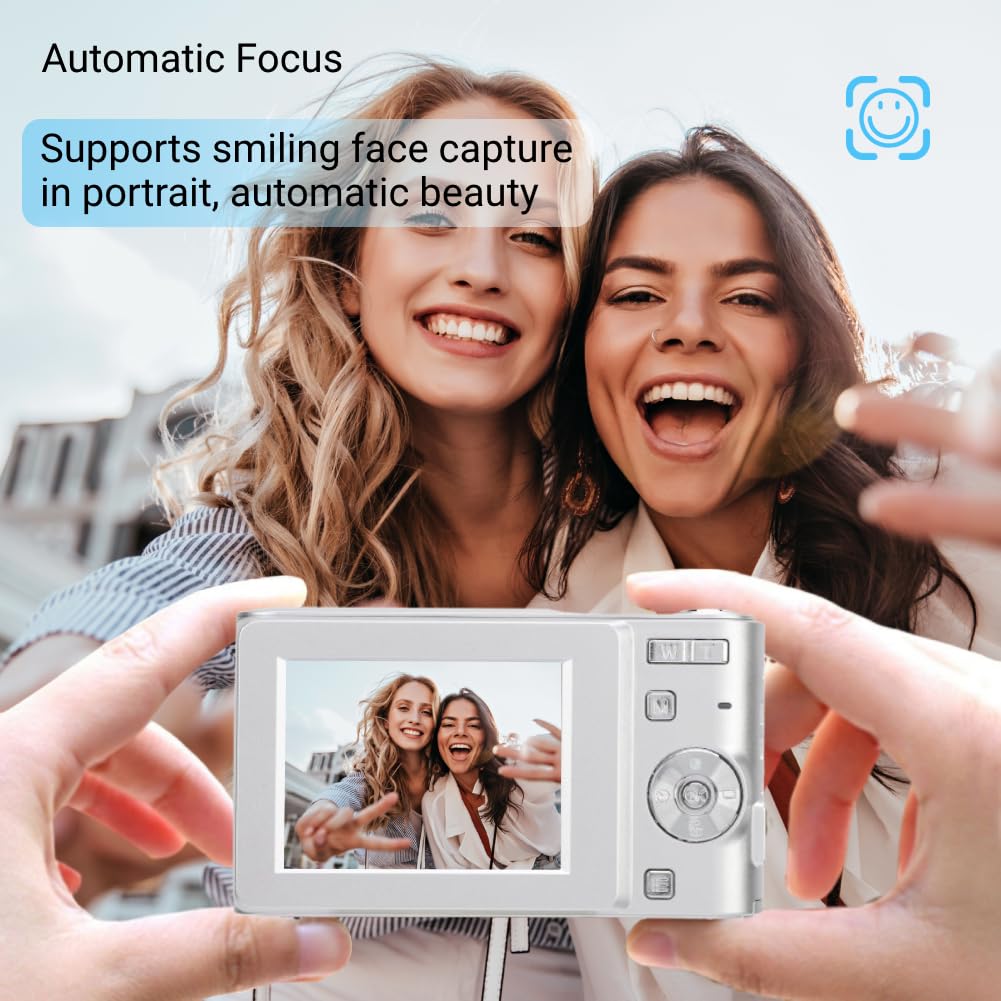 ASHATA Cámara Digital, Cámara de Vlogging FHD 1080P con Enfoque Automático, Cámara Digital con Zoom Digital de 50MP 16X, Cámara Compacta Portátil AF Pantalla de 2,4 Pulgadas para (Silver)