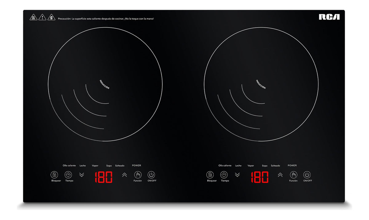 RCA Parrilla de Inducción Doble Quemador RC-12A4, Diseño Moderno y Elegante de Cristal Templado Negro, Controles Táctiles, Seguridad Avanzada, Bloqueo para Niños, Compacta y Potente, Fácil Limpieza.