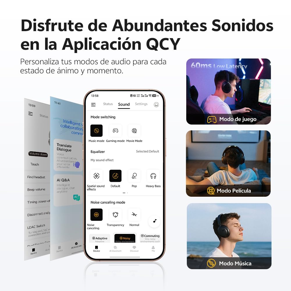 QCY H3S Audifonos Inalambricos Diadema, 102H Reproducción, Carga Rápida, Cancelación Activa de Ruido Híbrida, Sonido Hi-Res, Múltiples Modos, Ajuste Cómodo, Bluetooth 6.0