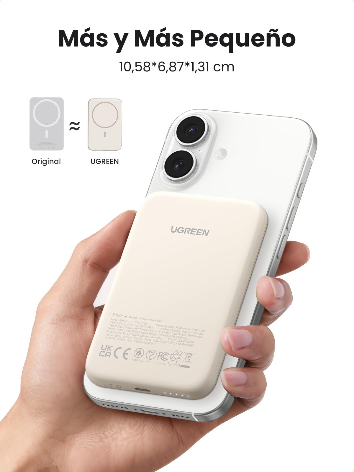 UGREEN 5000mAh Power Bank Inalabrico Bateria Portail 15W, USB C Cargador Magnaco Carga Raida, Powerbank Compatible con iPhone 16/15 Series, Galaxy, Xiaomi, iPad, Blanco