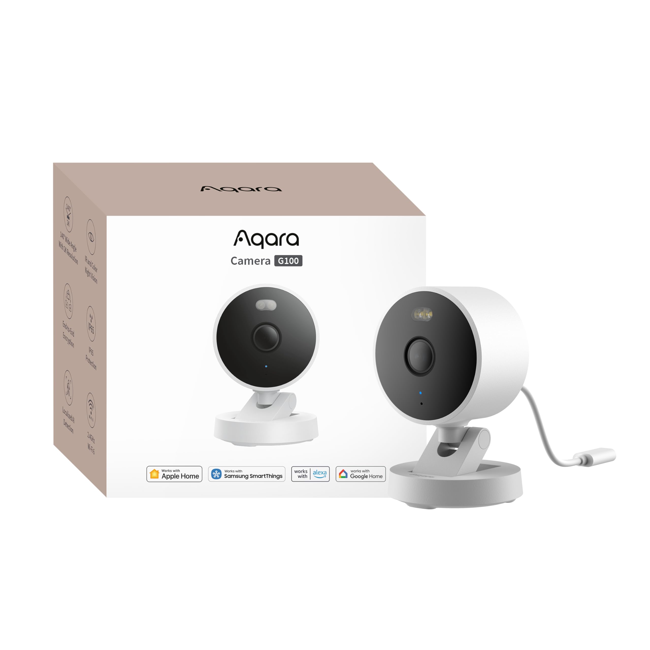 Aqara G100, cámara de seguridad para interiores/exteriores de 2K, HomeKit Secure Video, audio de 2 vías, foco nocturno de color/IR, detección AI, 140° FOV, Wi-Fi 6, compatible con HomeKit, Alexa