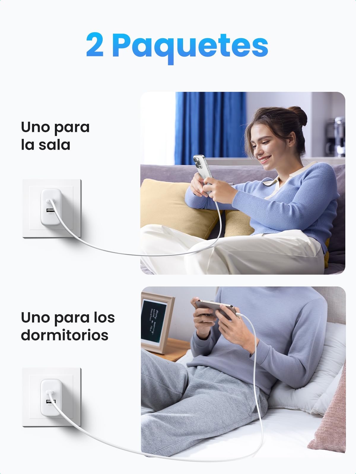 UGREEN 2 Unidades 20W Cargador Tipo USB C Carga Rápida, Rapido PD+QC Dos Puertos Compatible con iPhone 16 15 Pro Max, 14, 13, 12, iPad, Galaxy S24, S23, Pixel 9