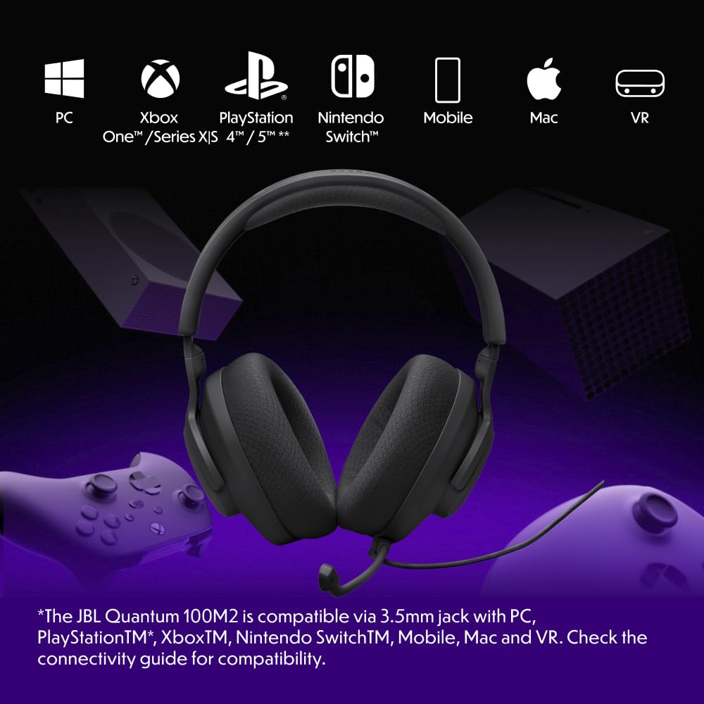 JBL Quantum 100M2 - Audífonos alambricos integrales para Gaming con Cable y micrófono Extraible con opción de silenciar - Negro