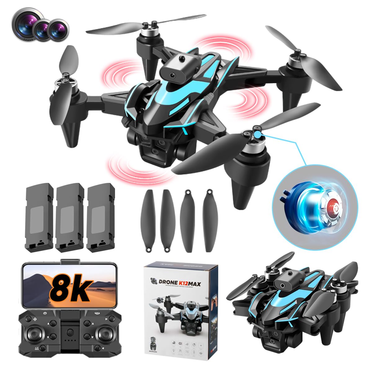 JCMO Mini Drones con cámara 8K,Dron con motor sin escobillas con 3 baterías, Mini Dron Juguetes Regalo para Principiantes Adolescentes.
