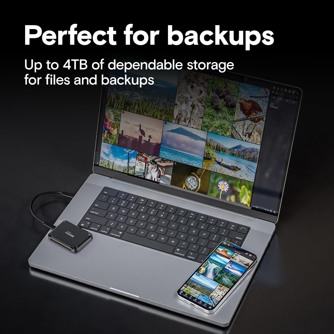 Crucial X9 SSD portátil de 1 TB, hasta 1050 MB/s, USB 3.2 USB-C, Unidad Externa de Estado sólido, Compatible con Windows, Mac y Android, Almacenamiento confiable para Juegos, Archivos y copias de