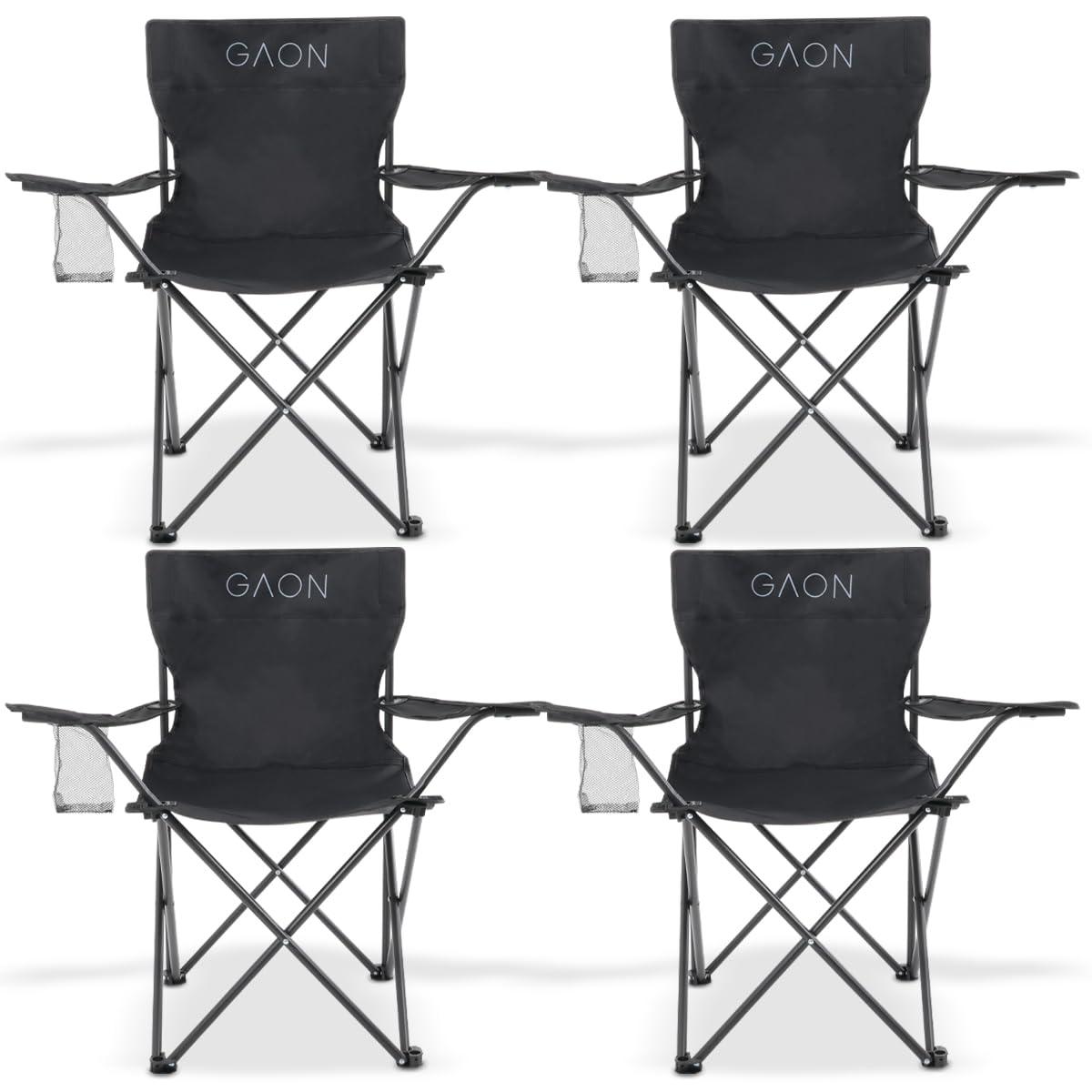GAON. Sillas Plegables para Camping Playa o Pesca de Lona Impermeable con Reposabrazos Portavasos y Funda - Sillas Ultraligeras para Exteriores y Actividades al Aire Libre Set 4 Piezas Negro
